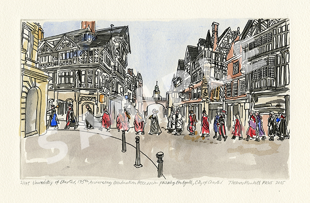 Thomas Plunkett Etching1 - The Graduation procession passing Eastgate Street, City of Chester